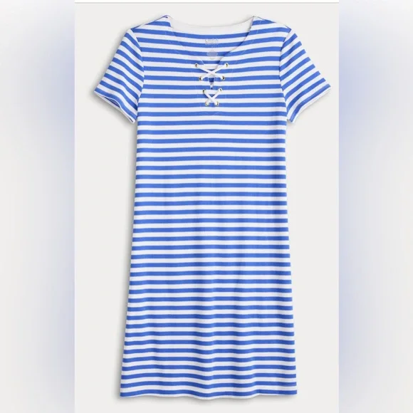 NEW Woman’s Croft & Barrows Knit Lace-Up Neck T-Shirt Blue/White Striped Dress S - Picture 4 of 6
